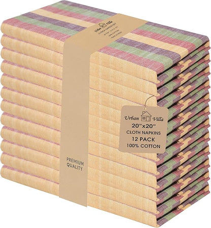 Urban Villa Cloth Napkins Set of 12 20x20 Inches 100% Cotton Napkins Cloth Washable Durable Reusable Absorbent Table Dinner Napkins Cloth for Thanksgiving Fall Hotel Lunch Restaurant- Harvest Stripes