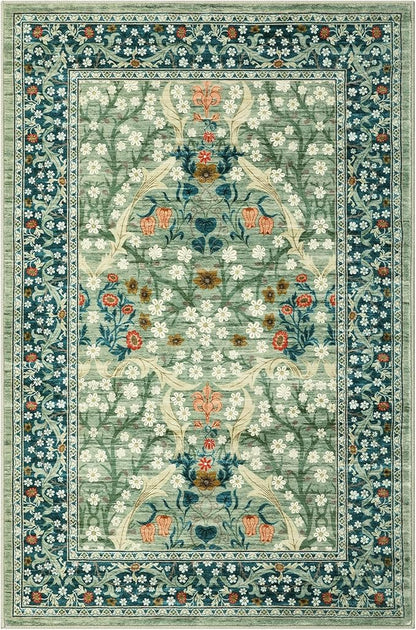 GarveeHome Floral 3x5 Area Rugs for Entryway, Washable Kitchen Rug Non Slip, Low Pile Bedroom Rug, Ultra Soft Stain Resistant Small Carpet for Laundry Room, Sage Green