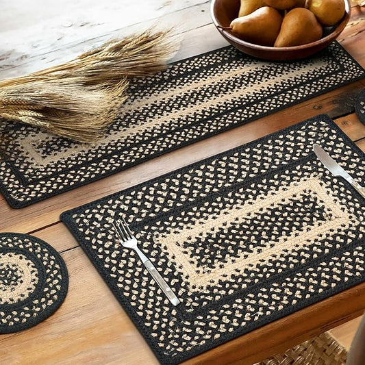 Homespice Manchester Jute Braided Table Runner Set of 2-8x28, Oval, Black & Tan - Rich Colors, Easy to Clean, Durable and Protects Furniture