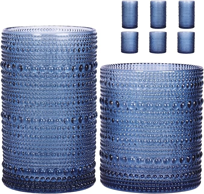 Moretoes Blue Hobnail Drinking Glasses Set of 6, Vintage Glass Cups | 12 Oz by Moretoes