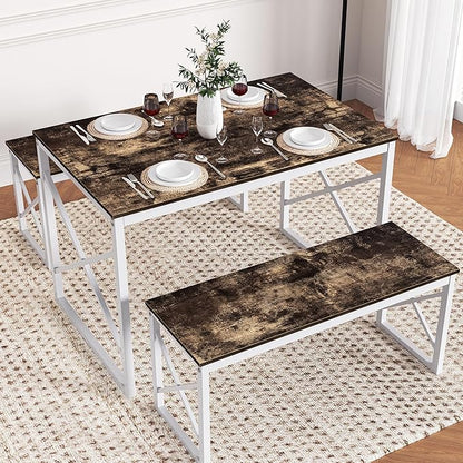 VECELO Kitchen Dining Table Sets for 4, Wood Dinette 2 Benches with Metal Frame for Dinner Breakfast Nook and Small Space, Dark Brown