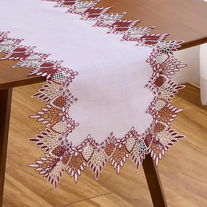 White Linen Lace Table Runners, Dresser Scarf | Red White Lace edge, Wedding by Raedan
