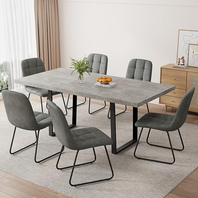 ZckyCine Modern Extendable Dining Table Set, 63''-79'', Gray Wood Table with 6 Gray Leather Chairs, Stylish & Comfortable, Seats 6, Ideal for Dining Room & Kitchen