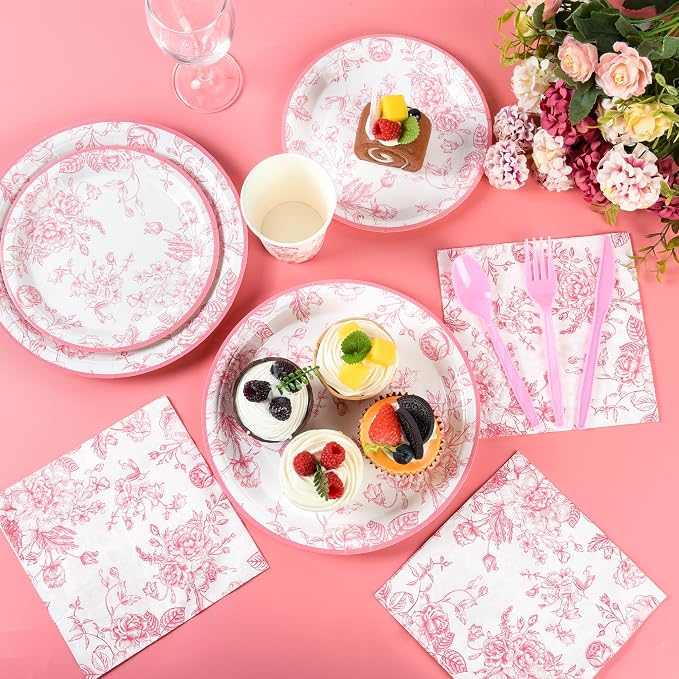175Pcs Pink Floral Paper Plates and Napkins 25 Guests Pink White Toile - Image 6