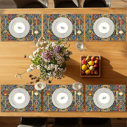 Mexican Tile Placemats Set of 6,Geometric Floral Table Mates Non-Slip Heat Resistant Washable Linen Place Mats for Party Kitchen Dining Decoration Indoor Outdoor 12"x18"