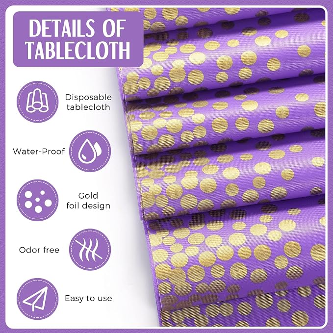 8 Pack Purple and Gold Disposable Plastic Tablecloths and Satin Table Runner Set - Image 3