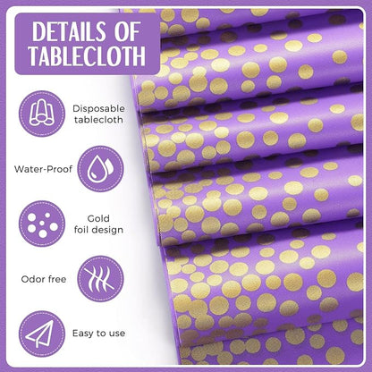 8 Pack Purple and Gold Disposable Plastic Tablecloths and Satin Table Runner Set - Image 3