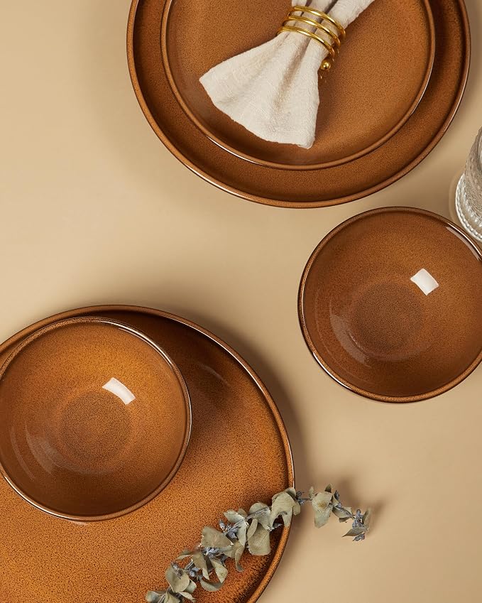 Santorini Mist Terracotta Reactive Glaze Plates and Bowls Sets, Stoneware - Image 4