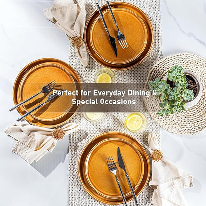 GBHOME Ceramic Dinnerware Sets for 8, 24 Pieces Stoneware Plates and Bowls Sets, Scratch Resistant Dishes, Dishwasher & Microwave Safe, Reactive Glaze-Amber