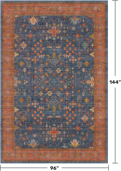 Navy Blue Large Area Rugs 8x12 Living Room, Geometric Floral Rugs for Dining Room Under Table - Washable Low Pile & Soft Carpet for Bedroom - Vintage Boho Stain Resistance Indoor Décor