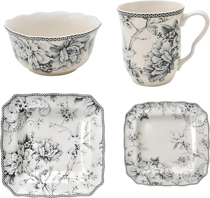 222 Fifth Adelaide Grey 16-Piece Floral Porcelain Dinnerware Set | Microwave - Image 8