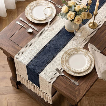 Boho Macrame Table Runner with Tassels 36in Blue Farmhouse Runner | Macrame - Image 2