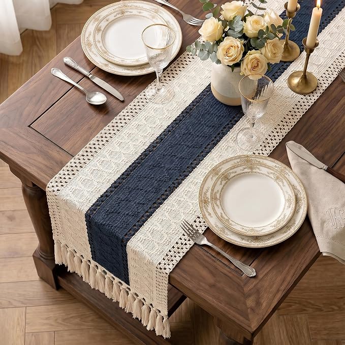 Boho Macrame Table Runner with Tassels 72in Blue Farmhouse Runner | Macrame - Image 4