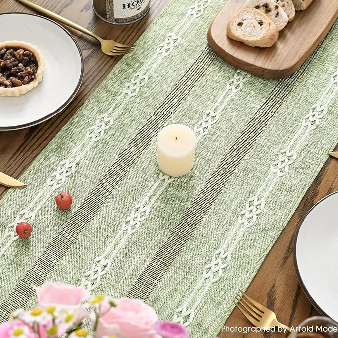 Artoid Mode Sage Green Farmhouse Embroidered Hollow Table Runner, Seasonal - Image 4