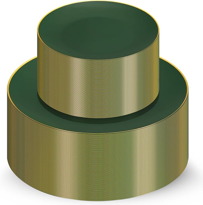 100 Green Gold Plastic Plates Set, Elegant Fancy Heavy Duty Disposable Plates by Munfix