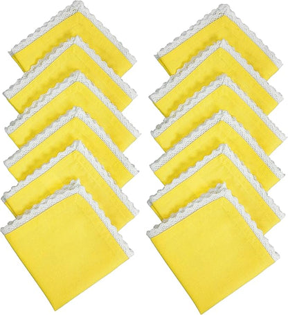 Fingercraft Dinner Cloth Napkin Cotton Linen Blend 12 Pack 12In Mitered Corners with Elegant Lace for Everyday Use Napkins Cloth are Pre Shrunk and Good Absorbency Yellow