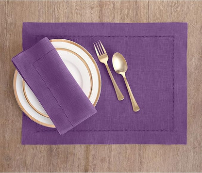 Solino Home Linen Cloth Placemats Set of 6-100% Pure Linen Hemstitch Purple Placemats 14 x 19 Inch - Classic Hemstitch Table Place Mats for Valentines, Spring, Easter