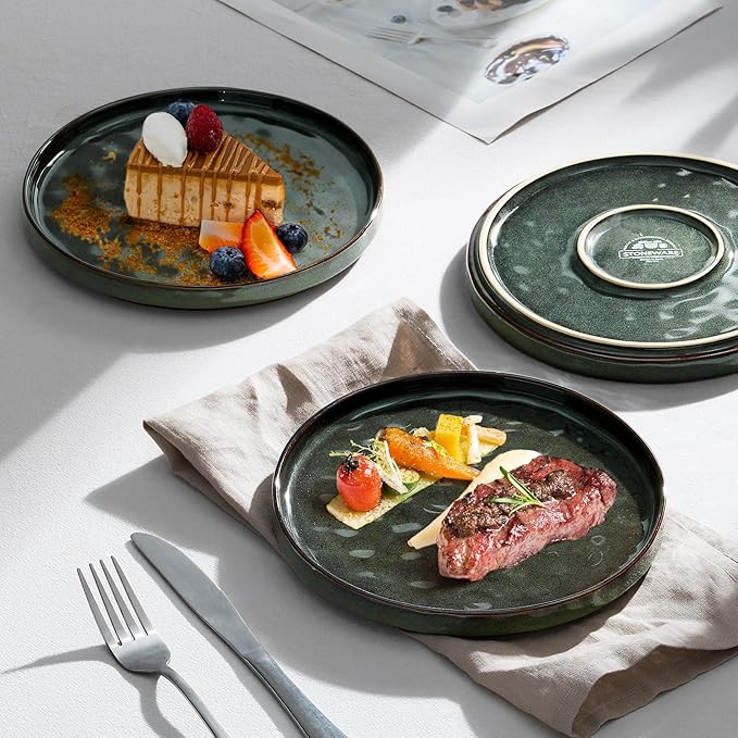LIANYU Ceramic Dessert Plates Set of 6, 10.2 Inch Kitchen Dinner Plates Set, Porcelain Serving Dishes for Cake, Bread, Salad, Snack and Steak, Microwave, Oven and Dishwasher Safe, Ink Green