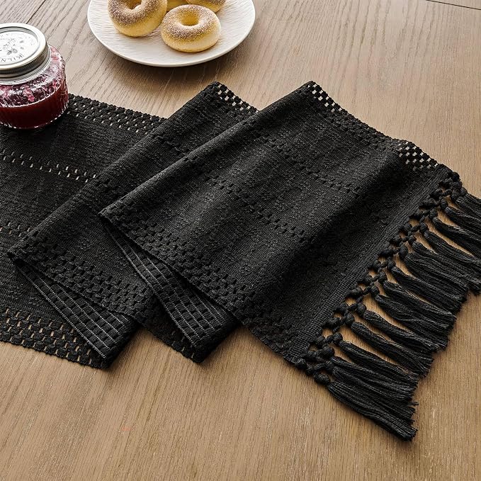 Macrame Style Boho Table Runner, 12x60 Inch Black | Woven Boho Table Runner - Image 7
