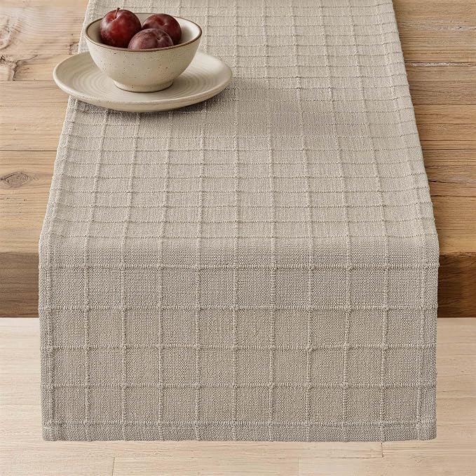 Artisanal Grid Linen Table Runner, 13x48 Inches Oatmeal | Heavy Textured by ZEEMARTONLINE
