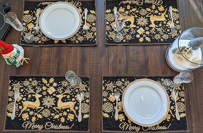DaDa Bedding Set of 4-Pieces Magical Golden Reindeer Tapestry Placemats - Starry Winter Snowflake Festive Merry Christmas Holiday Yellow & Black - Needle Stitched Woven Table Mats - 13” x 19”