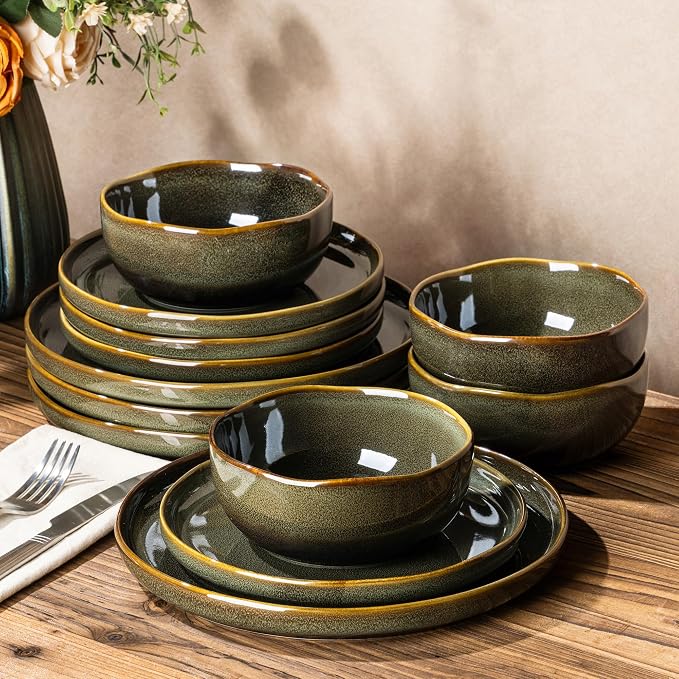 Ceramic Dinnerware Set for 4, 12-Piece Plates and Bowls Set | Handmade Reactive by TheTerra