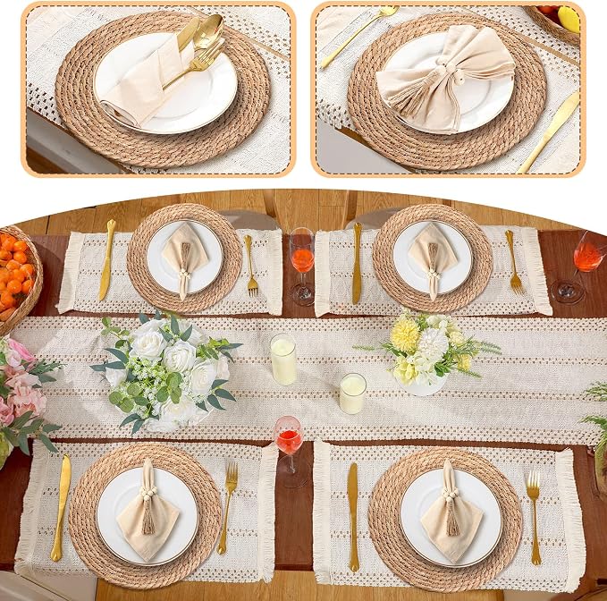 12 Sets Boho Decoration Placemats Round Woven Placemats, Cloth Napkins - Image 6