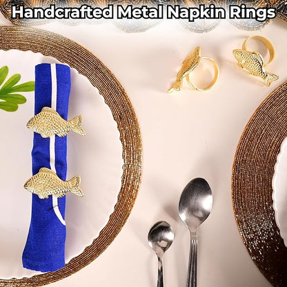 ALPHA Living HOME 12 Pcs Decorative Fish Metal Napkin Ring for Table Settings Napkins Ring for Dining, Anniversary, Birthday, Romantic Dinner, Holiday, Party of Table Setting, Wedding Table (Gold)