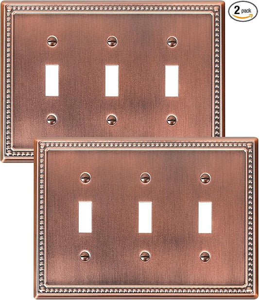 2-Pack Triple Toggle Light Switch Cover Plate, Pearls Decorative Switch Plate Covers, Antique Copper 3 Gang Metal Wall Plate, Corrosion Resistant