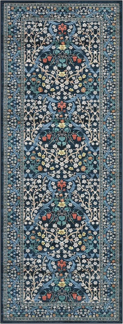 GarveeHome Kitchen 2x6 Runner Rug, Floral Washable Rugs for Hallways Non Slip Stain Resistant, Boho Soft Rug Botanical Carpet for Entryway, Laundry Room, Bedroom Floor Mat, Dark Blue