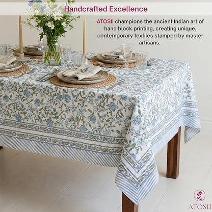 ATOSII Mahoka Blue 100% Cotton Square Fall Tablecloth, Handblock Floral Linen Table Cloth for Kitchen Dining Table I Parties Weddings Outdoors Easter Valentine's Gift I 60 X 60 Inches I 4 Seater
