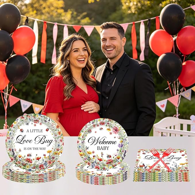 96 Pcs Love Bug Baby Shower Decorations, Floral Tableware Set | Includes paper - Image 6