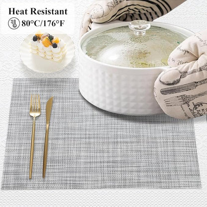 SHACOS Woven Vinyl Placemats Set of 4 Wipe Clean Reversible Table Mats Heat Resistant Wipeable Non Slip Place Mats Indoor Outdoor, Gray White
