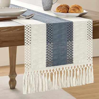 Macrame Style Bicolor Stitching Table Runner 14x36in Navy | Woven Boho Table by ZEEMARTONLINE