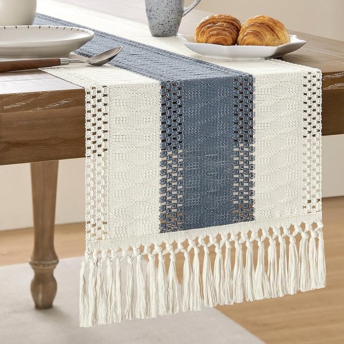 Macrame Style Bicolor Stitching Table Runner 14x48in Navy | Woven Boho Table by ZEEMARTONLINE