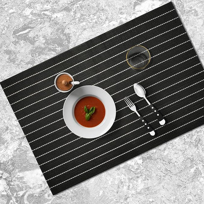 Placemats Set of 4 Vinyl Washable Black White Placemats, 18"x12" Wipeable Heat-Resistant Non-Slip Easy Clean Table Mats Ideal for Dining Table Table Runner and Outdoor (4, Black White Stripe Black)