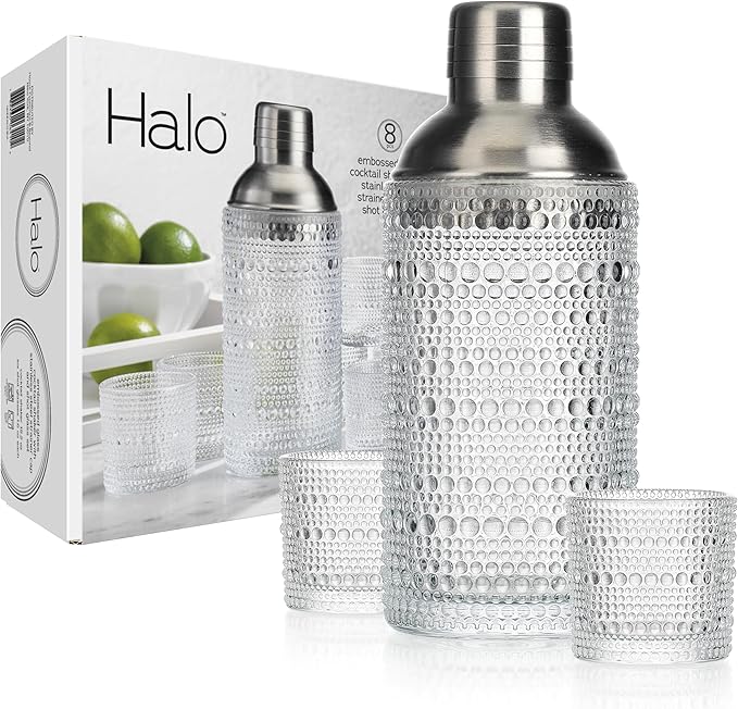 Glaver's Cocktail Shaker Set, Glass 15.2 oz Shaker, 6 Hobnail Shot Glasses - Image 7