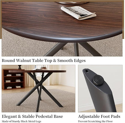 45.3 Inch Modern Round Dining Table for 4, Space-Saving Dinette with Carbon Steel Legs for Home Kitchen Apartment(Dark Walnut Table)
