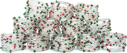 Silver Red Green Beaded Napkin Ring Set of 12 - Beautiful Elegant Decorative Napkin Holder for Christmas/Dinner Table Decoration/Farmhouse/Wedding/Party/Family Gathering/New Year & Everyday Use