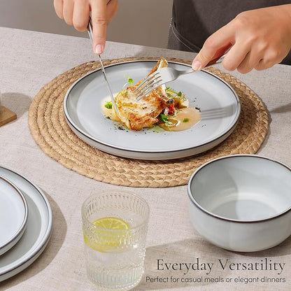 E-far Stoneware Dinnerware Sets for 4, 12 Pieces Reactive Glaze Plates and Bowls Sets, Elegant Dishes with Rustic Terracotta Base, Dishwasher & Microwave Safe, Scratch Resistant, Glacier White