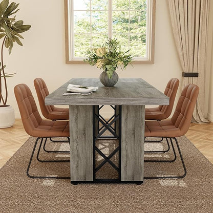 7-Piece Dining Table Set for 6 People, 70.8" MDF Kitchen Table with 6 Upholstered Chairs, Space-Saving for Dining Room, Breakfast Nook(Grey Table+6 Brown Chairs)
