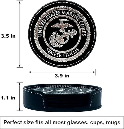 USMC Leather Coaster Set - 4 Premium Coasters with Hot Stamped Foil US Marines EGA Logo - Marine Corps Gift | USMC Leather Coasters