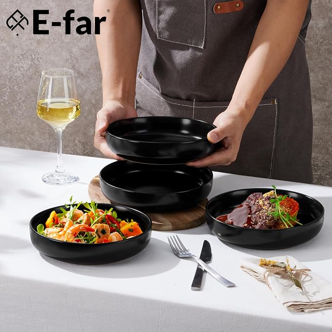 E-far Stoneware Pasta Bowls Set of 4, 35oz Double Reactive Black Glaze | Wide & - Image 3