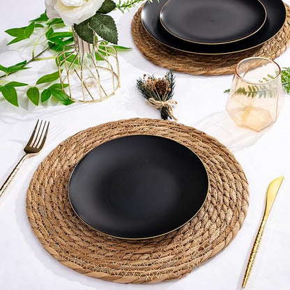 EI enjonirinjonir 80pcs Black Dessert Plates with Gold Rim,7.5inch Heavy Duty Disposable Matte Plastic Party Platos Frosted Small Black Dessert/Cake/Appetizer Plastic Plates for Wedding/Tea Party