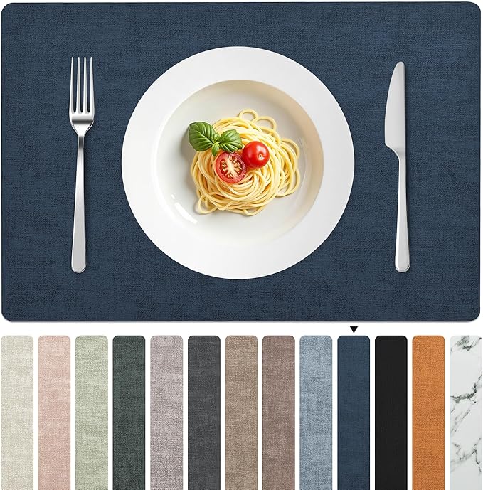 FROMHEART Faux Leather Placemats Set of 12–Waterproof,Heat/Oil Stain-Resistant PU Table Mat–Reversible,Non-Slip,Easy to Clean Place Mats for Kitchen,Dining,Indoor/Outdoor,(Dark Blue,11.8" x 17")
