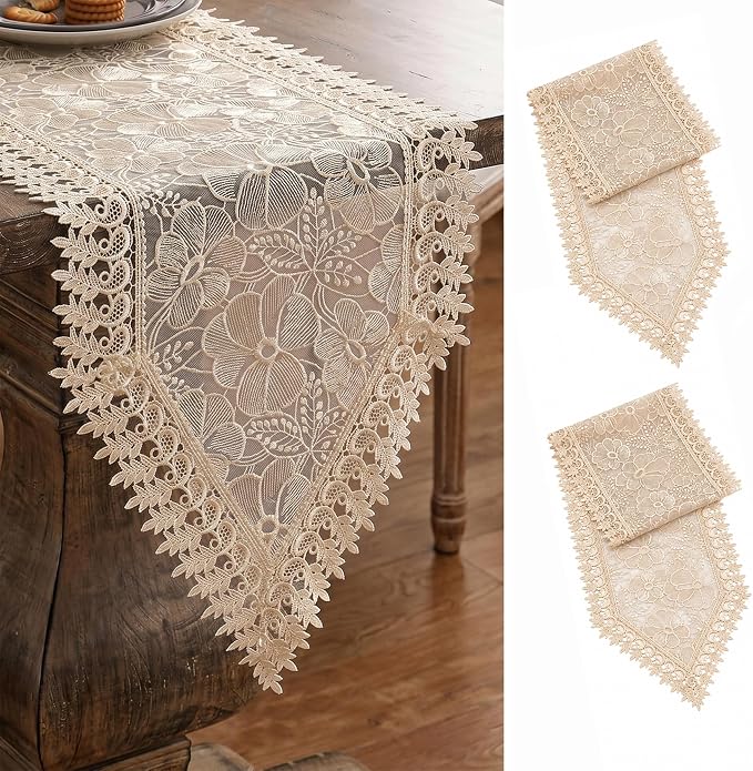 SIOLOC Champagne Lace Table Runner 14x48, Embroidered Floral Cutwork | Elegant by HEALTHYCOMFORTLIFE
