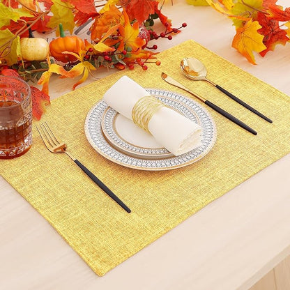 homing Cotton Linen Placemats Set of 6, Cloth Washable Farmhouse Dining Table Mats for Indoors & Outdoors, Easy to Clean, Mustard Yellow, 13 x 19 Inch
