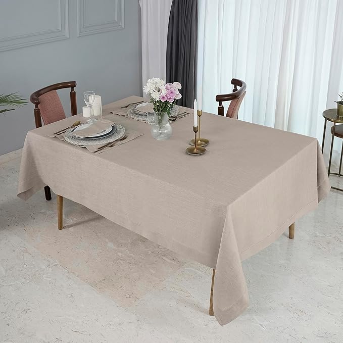 D'Moksha Homes Natural Linen Tablecloth for Rectangle Tables 60 x 140 Inch - Classic Hemstitch 100% Pure Linen Natural Tablecloth - Machine Washable Cloth Table Cloth for Valentines, Spring, Easter