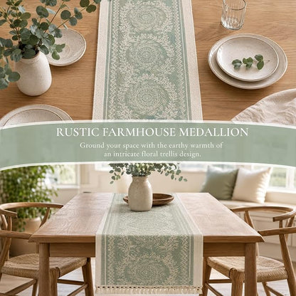 14x119 Medallion Table Runner Waterproof Rustic Farmhouse Macrame | Planning a - Image 6