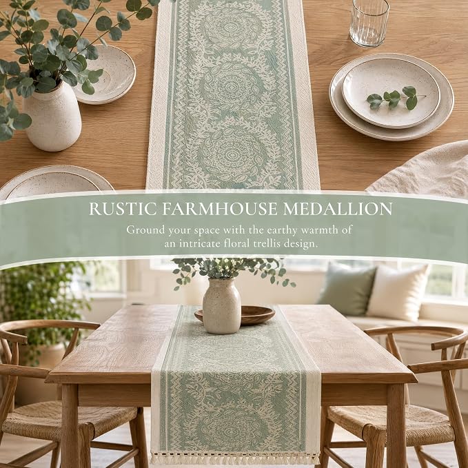 14x138 Medallion Table Runner Waterproof Rustic Farmhouse Macrame | Planning a - Image 6
